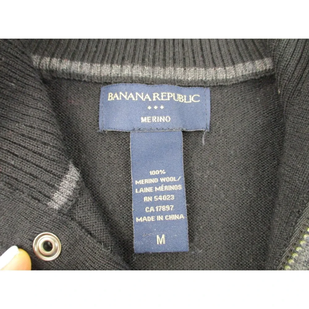 Banana Republic Sweater Mens M Black Merino Wool Mock Neck Quarter Snap Pullover